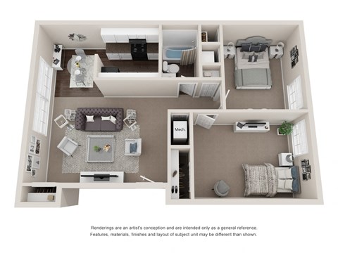 Floor plan for 2 beds, 1 bath, 864 sqft